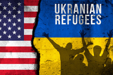 Ukrainian refugees to USA. War and military conflict, Russia aggressor. Crisis, migration and...