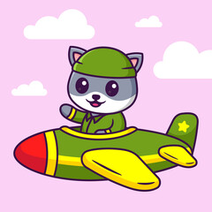 Cute Cat Soldier Driving Jet Plane in Cartoon. War Vector Illustration. Flat Style Concept.