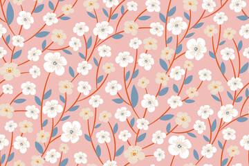 Beautiful spring seamless floral pattern. Creative colorful botanical print in a trendy color palette with flowering branches. Abstract flowers on a pink pastel background. Vector illustration.