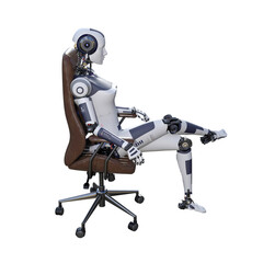 Fototapeta premium Robot woman sitting on an office chair, isolated on white background. Artificial intelligence concept, future of new office technology. 3d rendering-illustration.
