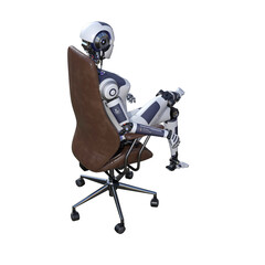 Robot woman sitting on an office chair, isolated on white background. Artificial intelligence concept, future of new office technology. 3d rendering-illustration.