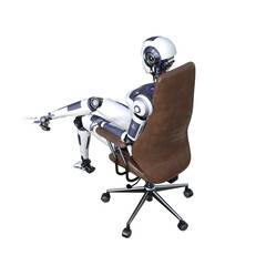 Robot woman sitting on an office chair, isolated on white background. Artificial intelligence concept, future of new office technology. 3d rendering-illustration.