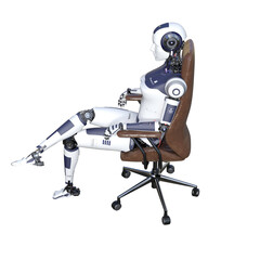Robot woman sitting on an office chair, isolated on white background. Artificial intelligence concept, future of new office technology. 3d rendering-illustration.