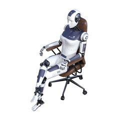 Robot woman sitting on an office chair, isolated on white background. Artificial intelligence concept, future of new office technology. 3d rendering-illustration.