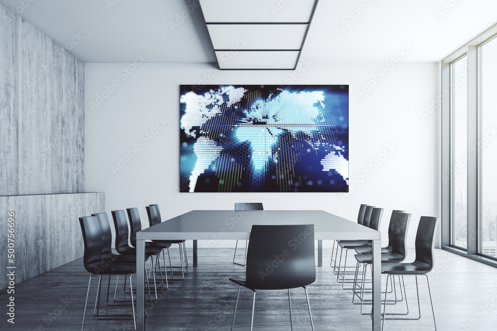 Poster abstract world map on presentation monitor in a modern boardroom, big data and blockchain concept. 3
