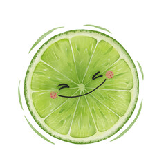 Watercolor cute lime slice cartoon character.
