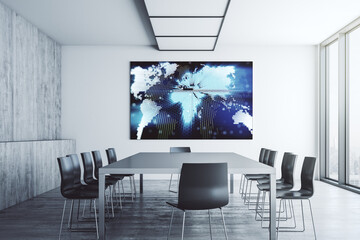 Abstract world map on presentation monitor in a modern boardroom, big data and blockchain concept. 3D Rendering