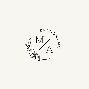 Monogram MA with leaves and circular line, elegant luxury logo idea