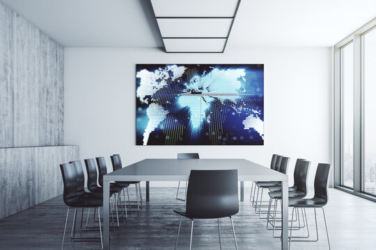 Abstract world map on presentation monitor in a modern boardroom, big data and blockchain concept. 3D Rendering