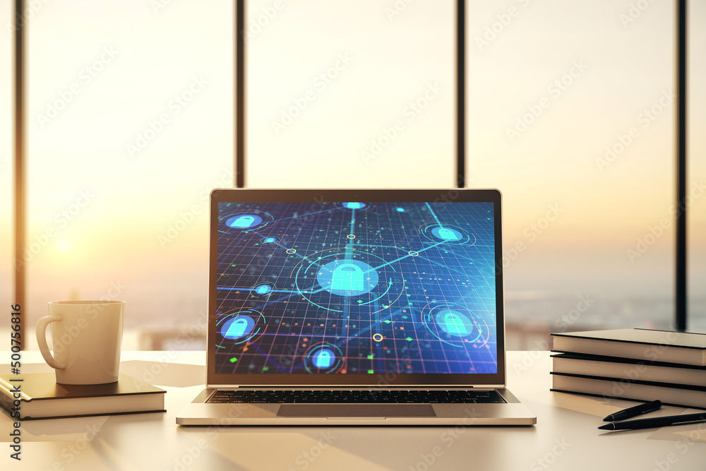 Poster Creative lock sketch with chip hologram on modern computer monitor, protection of personal data concept. 3D Rendering