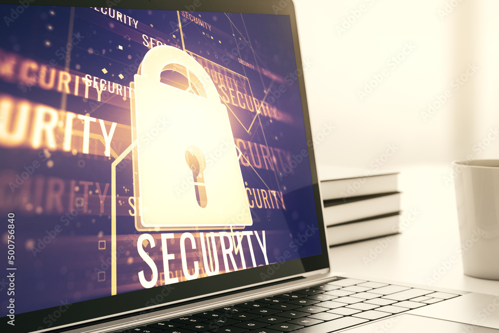 Poster Modern computer monitor with creative lock hologram and chip. Information security concept. 3D Rendering