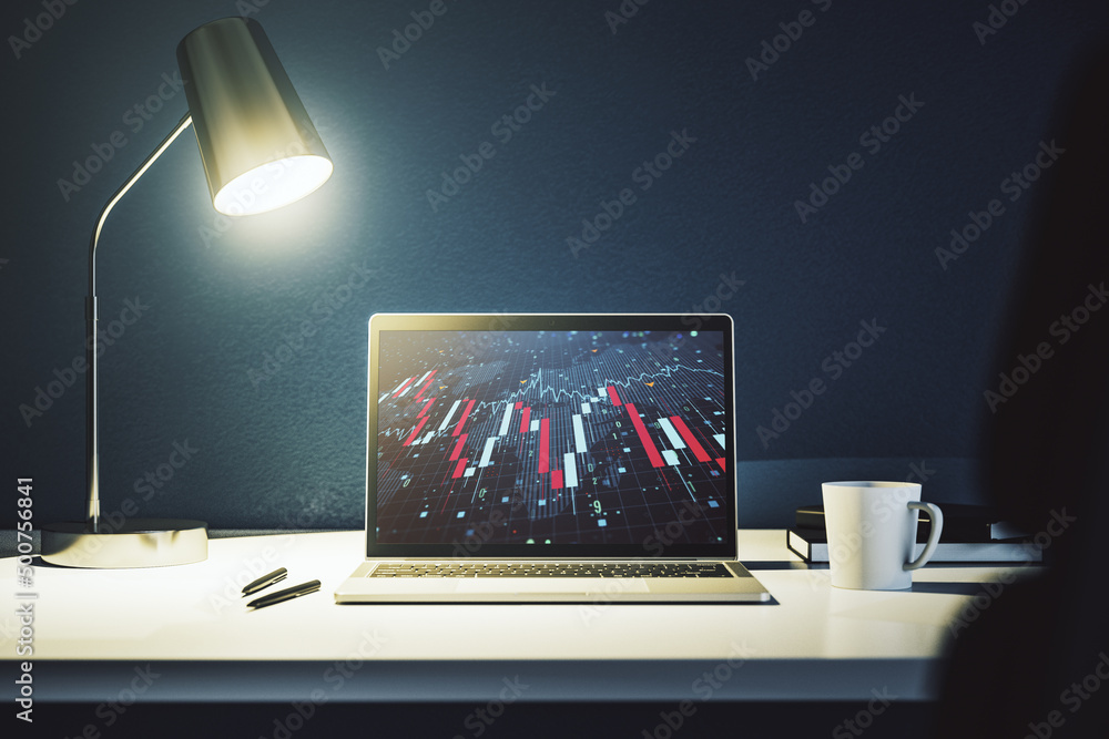 Poster modern computer monitor with creative abstract global crisis chart with world map hologram. financia