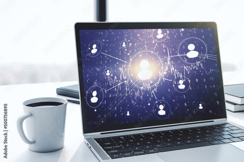 Poster Social network concept on modern laptop screen. 3D Rendering