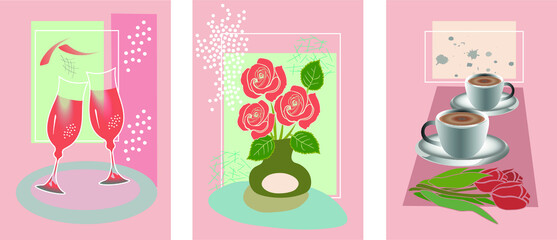 a set of three posters with flowers on the theme of date and love