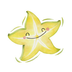 Watercolor cute starfruit cartoon character.