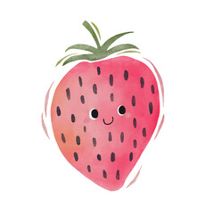 Watercolor cute strawberry cartoon character.