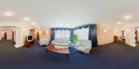 Fotobehang seamless 360 panorama in interior of living room of cheap hotel,  flat or apartments with sofa chairs and tv in equirectangular projection with zenith and nadir. VR AR content © hiv360