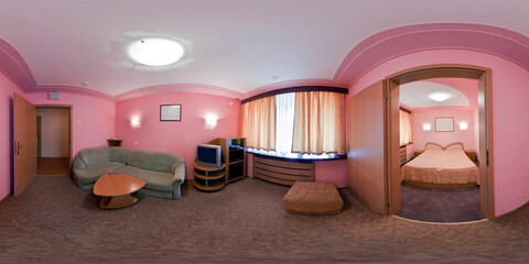 seamless 360 panorama in interior of living room of cheap hotel,  flat or apartments with sofa...