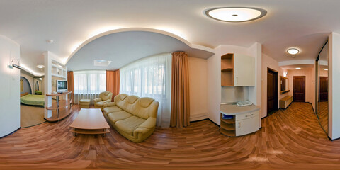 seamless 360 panorama in interior of living room of cheap hotel,  flat or apartments with sofa...