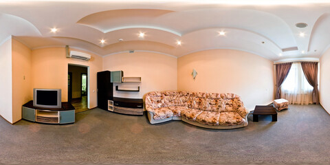 seamless 360 panorama in interior of living room of cheap hotel,  flat or apartments with sofa...