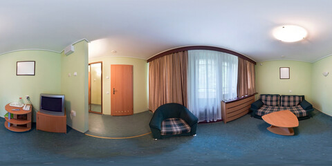 seamless 360 panorama in interior of living room of cheap hotel,  flat or apartments with sofa chairs and tv in equirectangular projection with zenith and nadir. VR AR content