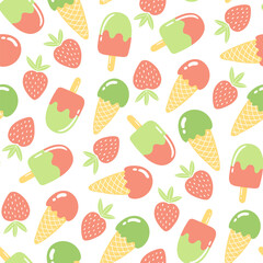 Seamless pattern with strawberries and ice cream. Summer background in bright colors. Hand-drawn trendy vector illustration for textile design.