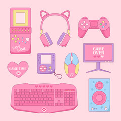 Pink Rerto Gamer Girl elements set. Vintage pink computer game equipment vector illustration.