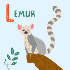 Cute lemur vector illustration, isolated on blue sky. Animal cartoon style for kids design