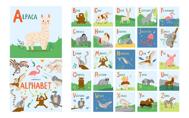 Fototapeta na wymiar Cute Animals alphabet for kids education from A to Z. Childish vector font for kids ABC book with hand drawn animal characters