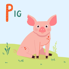 Cute pig cartoon vector illustration. Domestic farm animal character on green grass