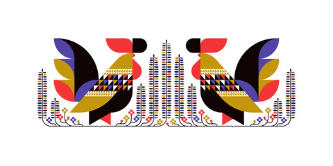 Decorative rooster with ornamental leaves and flowers. Flat style vector illustration of geometric bird for elegant poster or stylish print