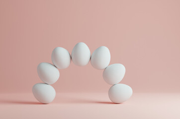 White eggs arch balance. Conceptual 3D illustration on a natural pastel pink background.