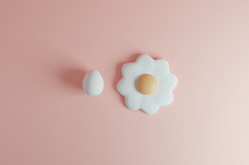 Flower-shaped fried egg and white egg on a pastel pink background. Conceptual minimalist 3D wallpaper. Cute design