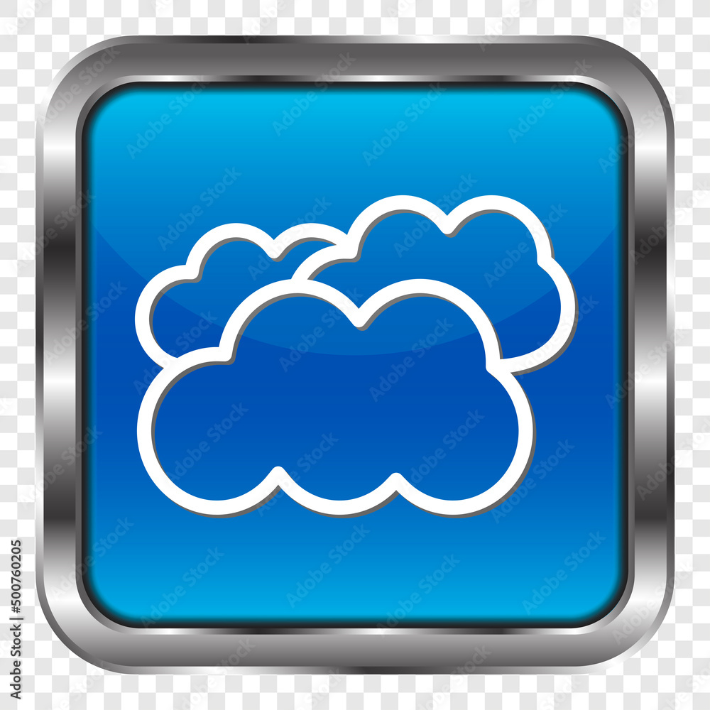Poster clouds simple icon vector. flat design. metal, blue square button. transparent grid.ai