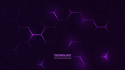 Dark violet hexagonal technology abstract vector background with purple colored bright flashes under hexagon. Hexagonal gaming vector abstract background.