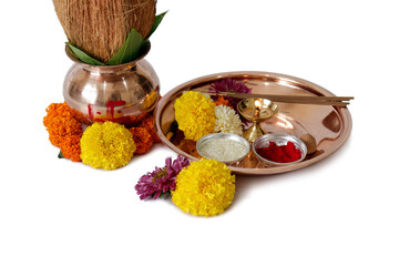 Obraz na płótnie Canvas kalash pujan ganesha pujan Indian festival akshaya tritiya Decorative kalash with coconut and leaf with floral decoration