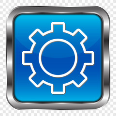 Gear simple icon vector. Flat design. Metal, blue square button. Transparent grid.ai