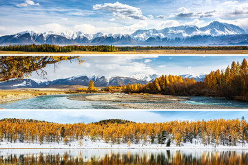 Autumn in Altai Mountains. Landscape photo collage with beautiful mountain views and travel destinations.