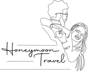 Outline sketch drawing of honeymoon love couple hugging each other with hand making love sign, Love couple logo vector silhouette