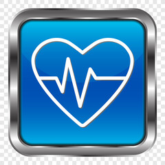 Heartbeat simple icon vector. Flat design. Metal, blue square button. Transparent grid.ai