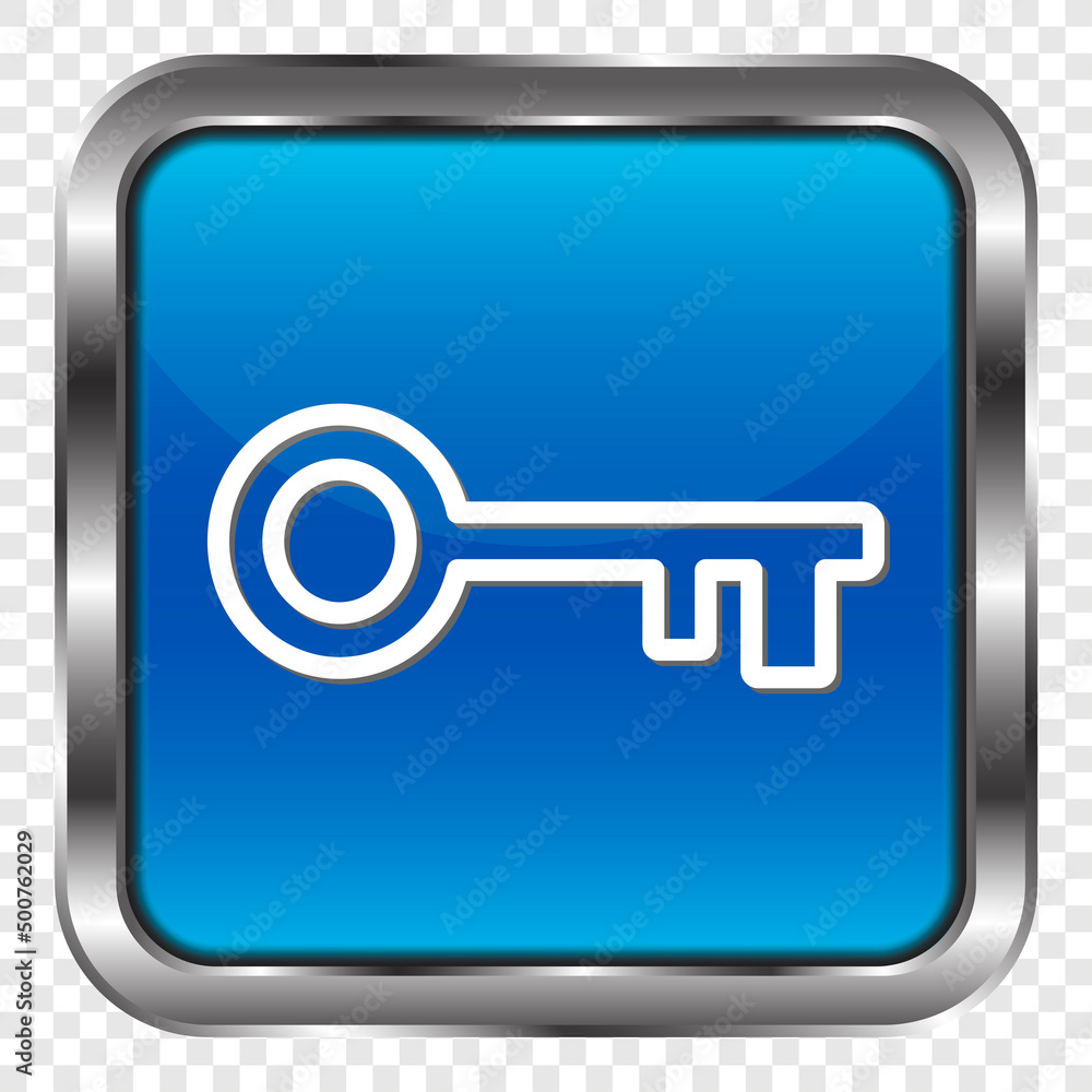 Poster key simple icon vector. flat design. metal, blue square button. transparent grid.ai