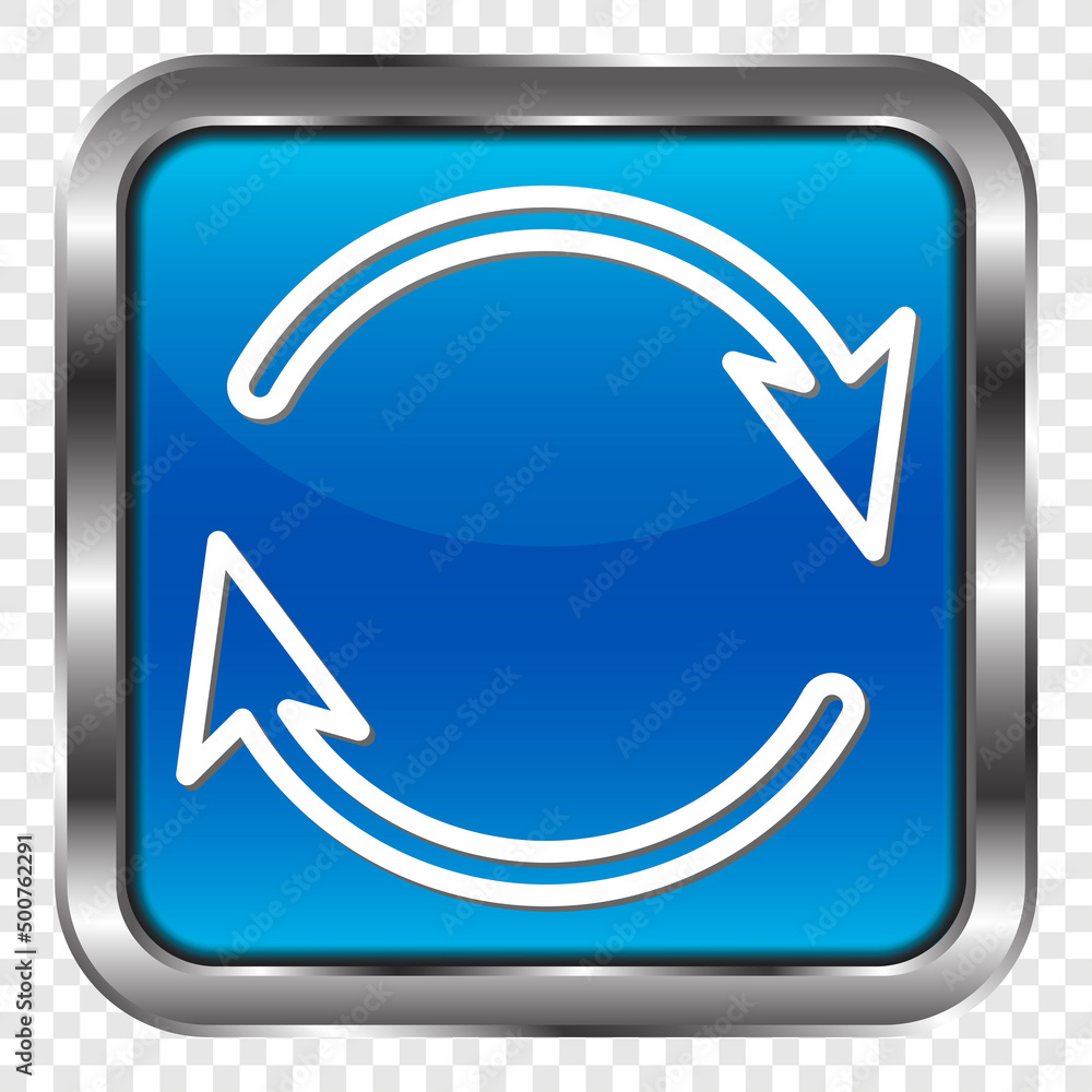 Poster loading simple vector, icon. flat design. metal, blue square button. transparent grid.ai