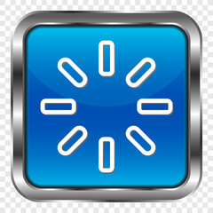 Loading simple icon vector. Flat design. Metal, blue square button. Transparent grid.ai