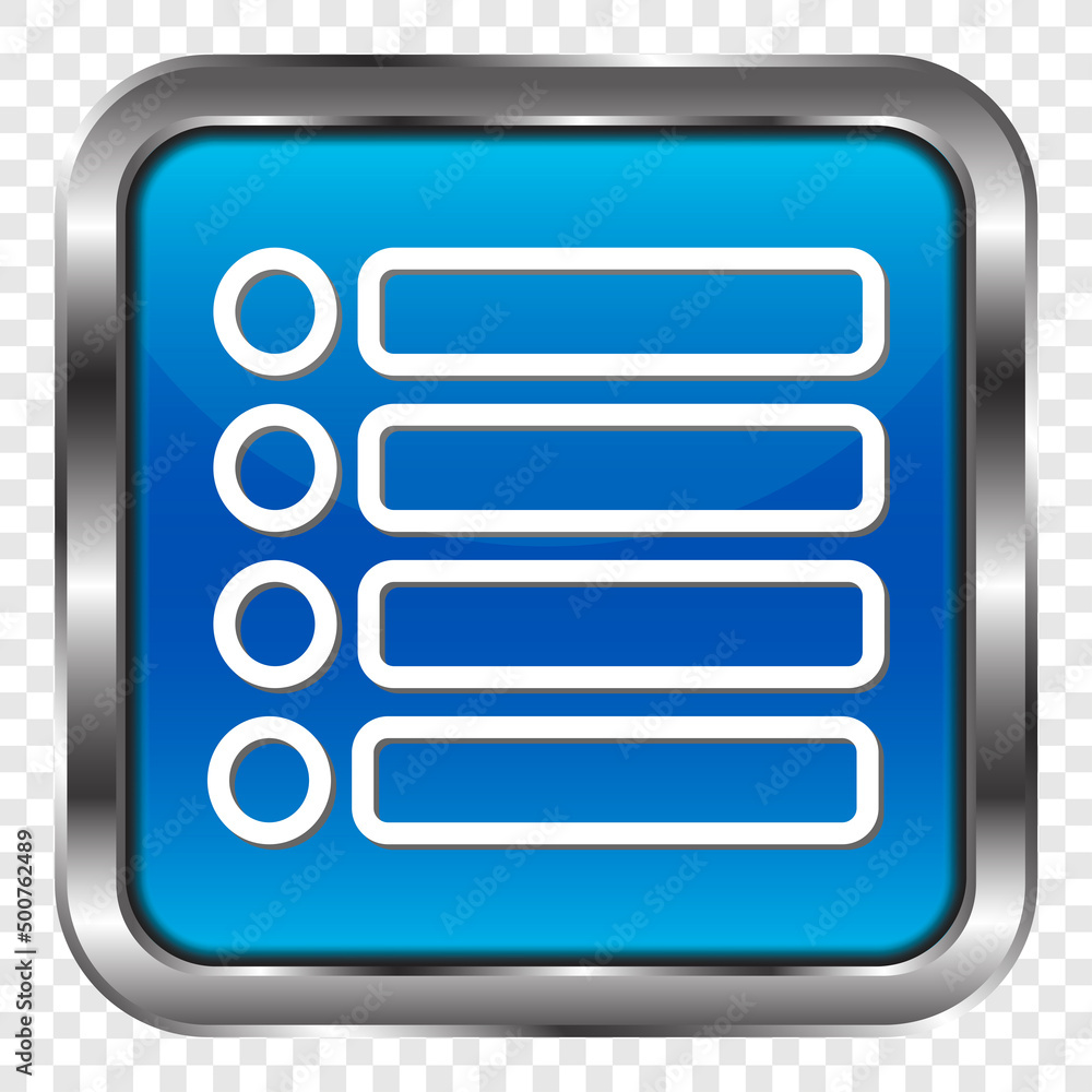 Poster menu simple icon vector. flat design. metal, blue square button. transparent grid.ai