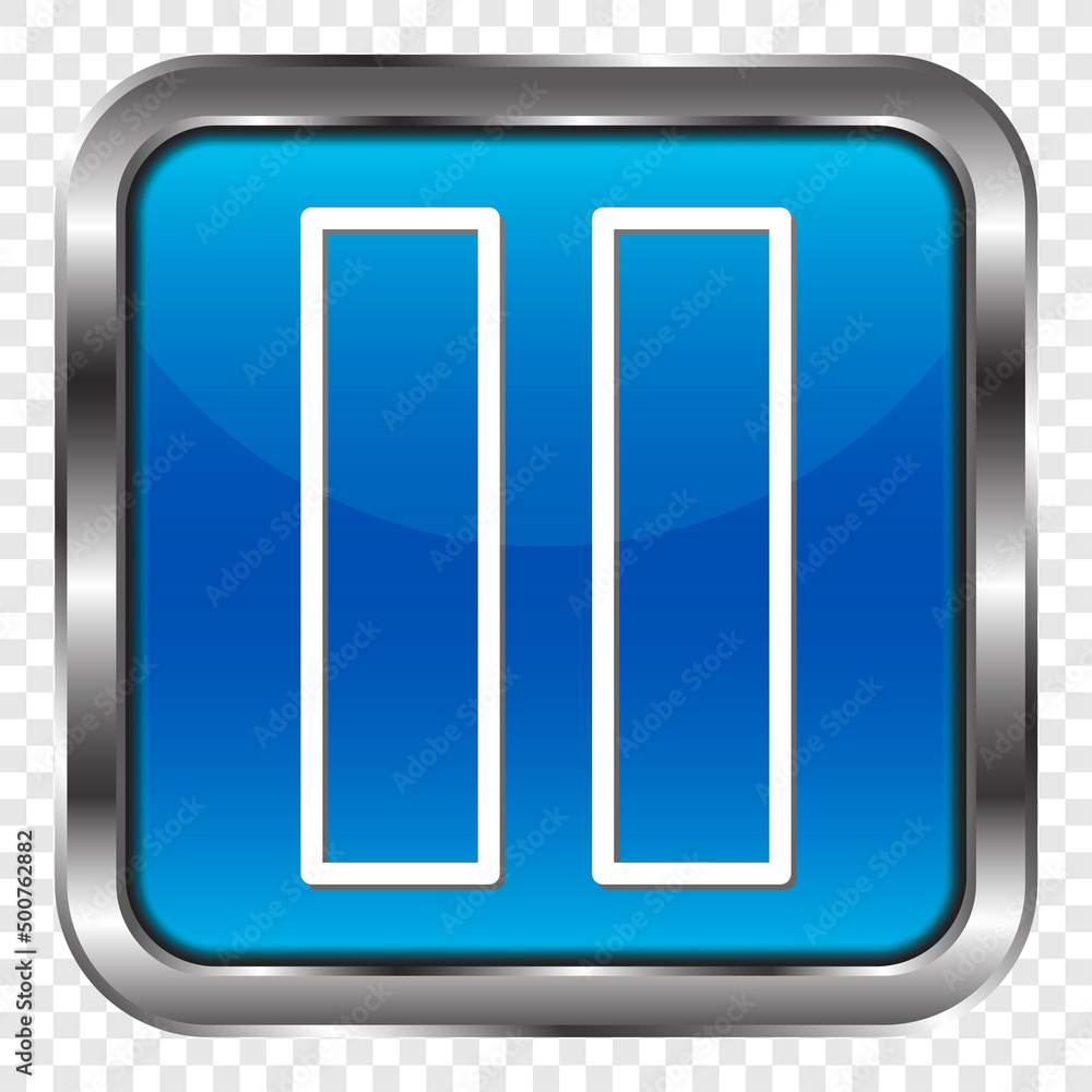 Poster pause simple icon vector. flat design. metal, blue square button. transparent grid.ai