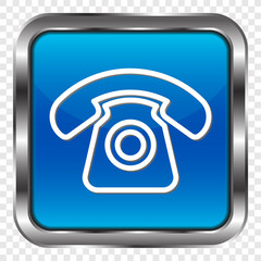 Old, retro phone simple icon. Flat design. Metal, blue square button. Transparent grid.ai