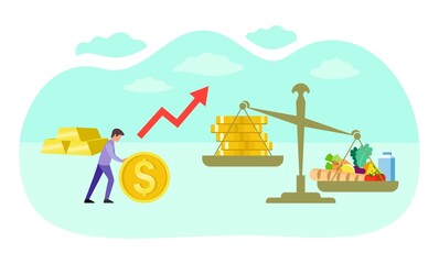 Rising food prices. Scales with food and gold coins. Food is more valuable than gold coins. Dollar growth, red arrow up. Golden stack of dollar coins, gold bars. 