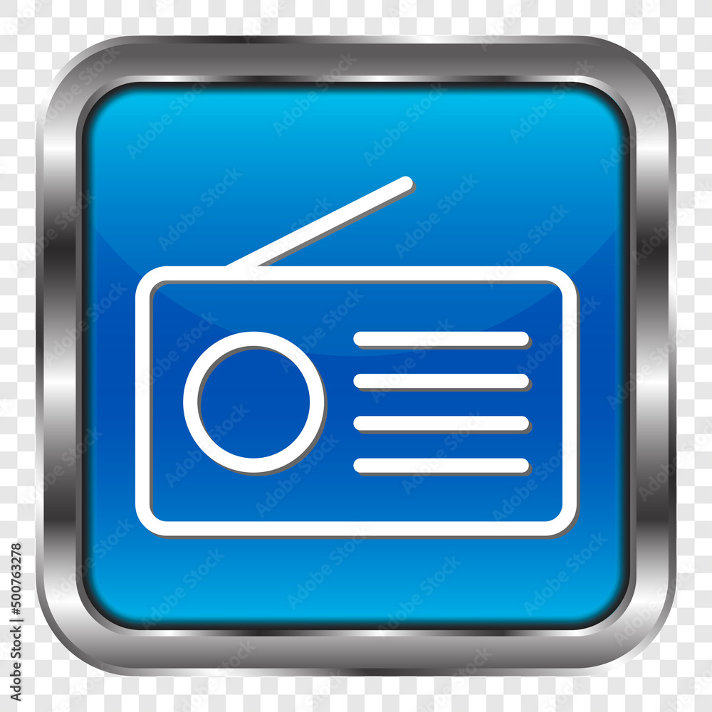Poster radio simple icon vector. flat design. metal, blue square button. transparent grid.ai