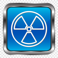 Radiation simple icon vector. Flat design. Metal, blue square button. Transparent grid.ai