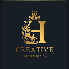 Royal letter H design. Luxury logo template. Gold monogram. Creative Emblem for Business sign, badge, crest, label, Boutique brand, Hotel, Restaurant, Heraldic. Modern style. Vector illustration